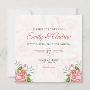 Blush Rose Spring Floral Watercolor Square Wedding Invitation