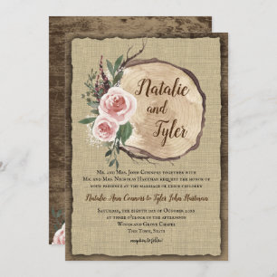 Blush Rose Tree Slice Boho Chic Wedding Invitation