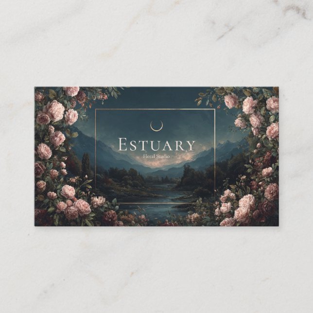 Blush Rose Twilight Mountain Crescent Moon Business Card (Front)
