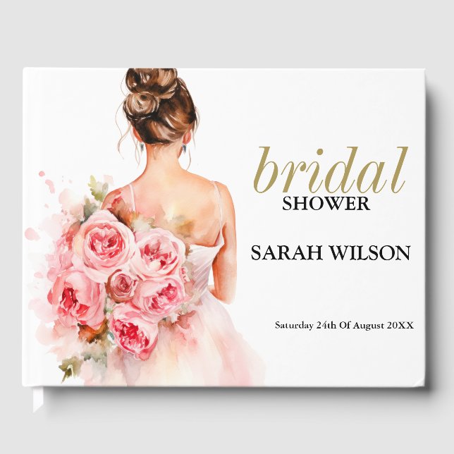 Blush Rose Watercolor Wedding Gown Bridal Shower  Guest Book (Front)