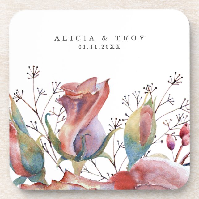 Blush Rose Watercolor Wedding Plastic Coaster  (Front)