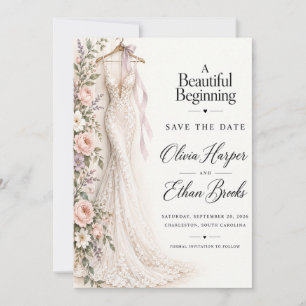 Blush Rose Wedding Dress Save the Date Invitation