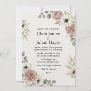 Blush Rose & White Anemone Elegant Wedding Invitation