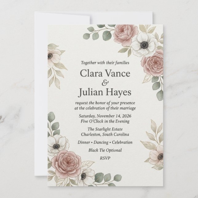 Blush Rose & White Anemone Elegant Wedding  Invitation (Front)