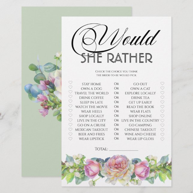 Blush rose would she rather bridal shower game (Front/Back)