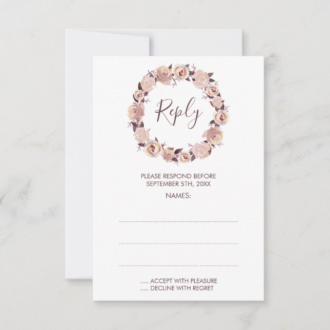 Blush Rose Wreath Wedding Reply Cards (Front)