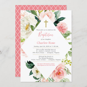 Blush Roses Baby Baptism and Brunch Pink & White Invitation