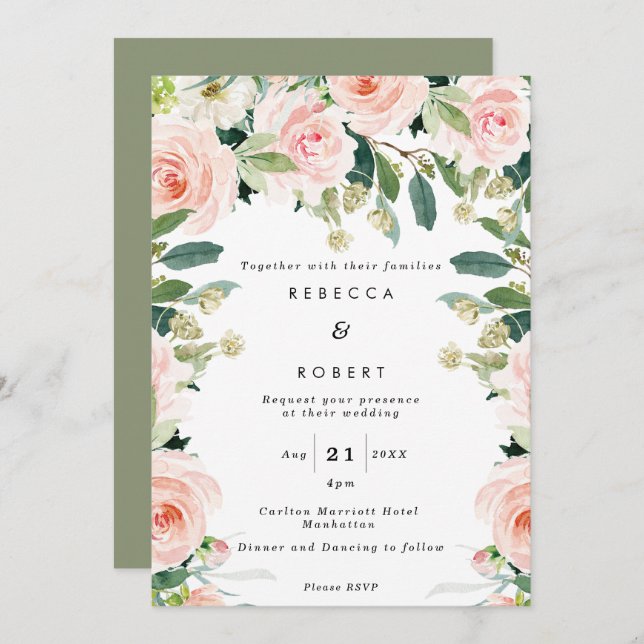 blush roses boho modern wedding invitation (Front/Back)