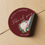 Blush Roses Bouquet Chic Wedding Thank You Classic Round Sticker<br><div class="desc">Elegant minimalist wedding couple thank you round sticker / wedding favour label featuring a beautiful burgundy and blush pink peony roses bouquet and a white trendy typography script against a dark red burgundy background.          Personalise with the bride's and groom's names and initials and with your custom text!</div>