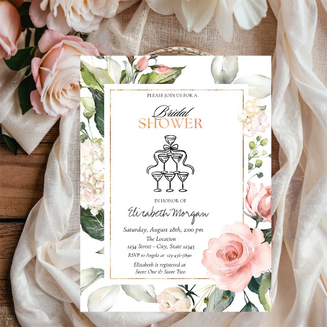 Blush Roses Champagne Glasses Bridal Shower Invitation (Creator Uploaded)