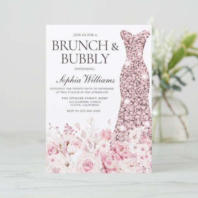 Blush  Roses Dress Bridal Shower Brunch & Bubbly Invitation (Standing Front)