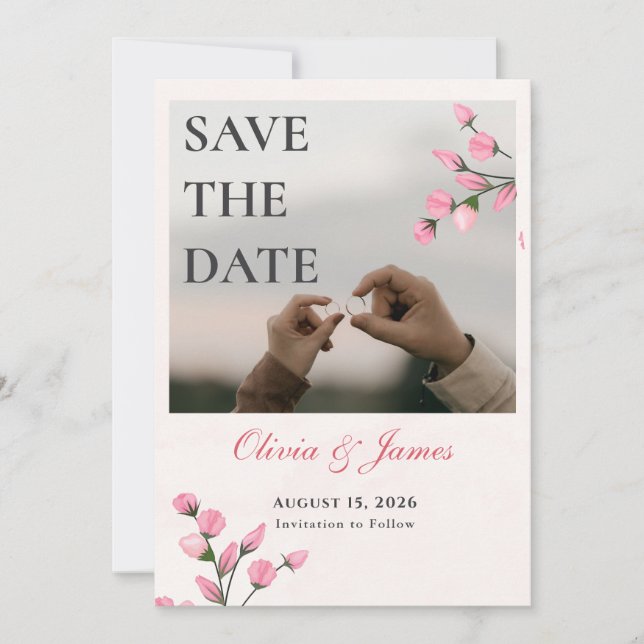 Blush Roses Editable Photo Save the Date Card (Front)