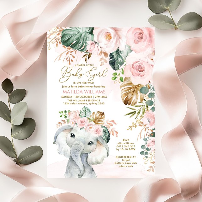 Blush Roses Elephant Sweet Baby Girl Baby Shower Invitation (Creator Uploaded)