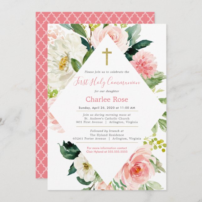 Blush Roses First Communion & Brunch Pink & White Invitation (Front/Back)
