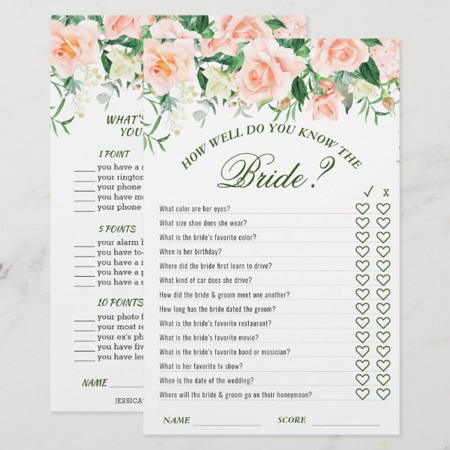 Blush Roses Floral Double-Sided Bridal Shower Game (Front/Back)