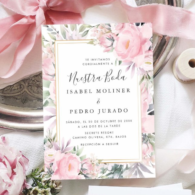 Blush Roses Floral Nuestra Boda Spanish Wedding Invitation (Creator Uploaded)