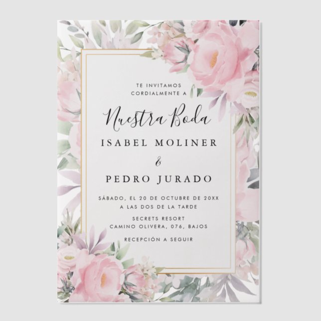 Blush Roses Floral Nuestra Boda Spanish Wedding Vellum Invitations (Front)