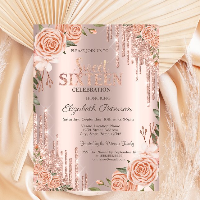 Blush Roses Glitter Drips Rose Gold  Sweet 16 Invitation (Creator Uploaded)