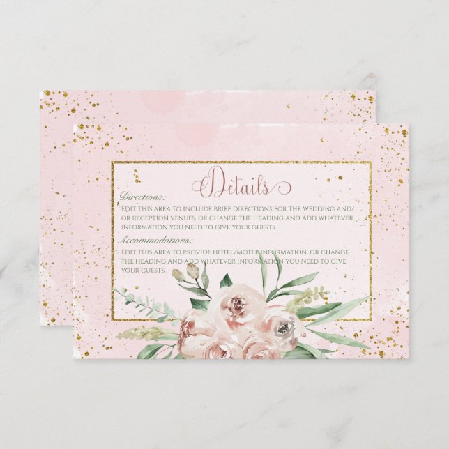 Blush Roses & Gold Accents Wedding Details Enclosure Card (Front/Back)