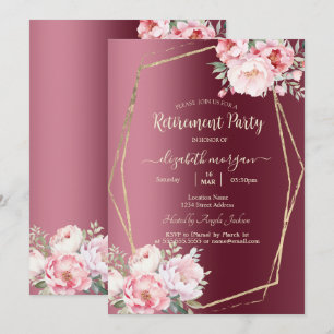 Blush Roses Gold Frame Burgundy Retirement Invitation