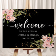 Blush Roses & Gold on Black Wedding Welcome Sign