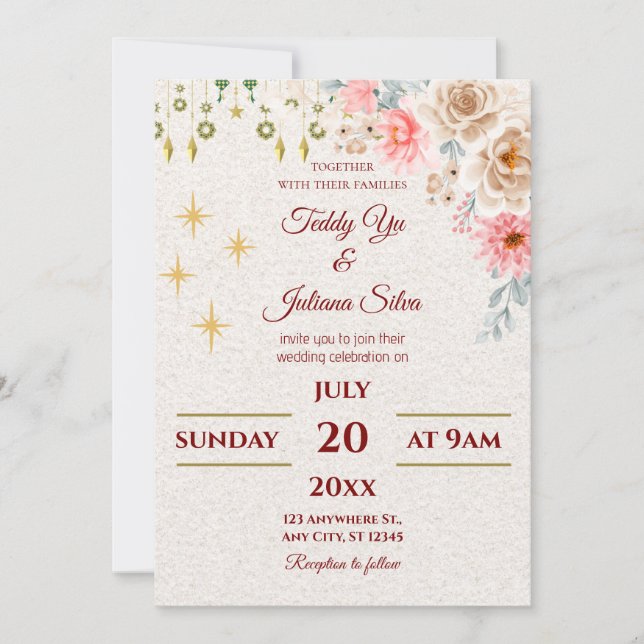 Blush Roses & Gold Stars Wedding Invite (Front)