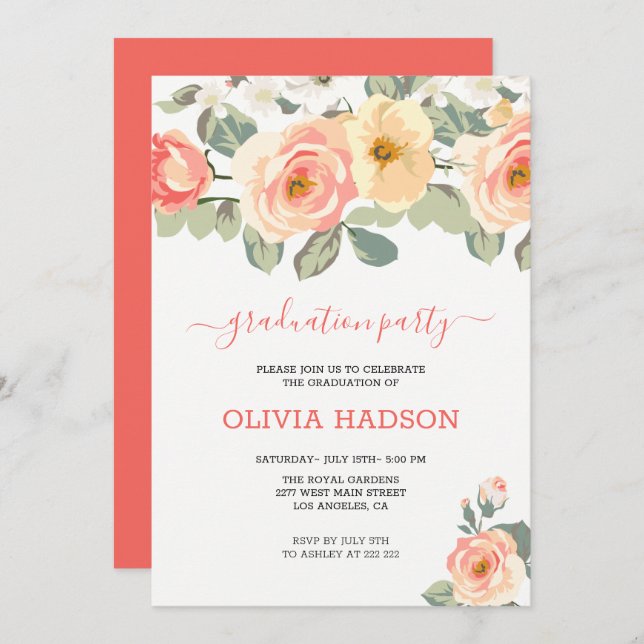 Blush Roses Graduate  Invitation (Front/Back)