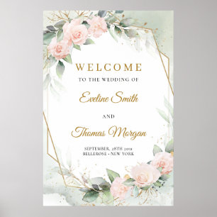 Blush roses greenery gold frame wedding welcome poster