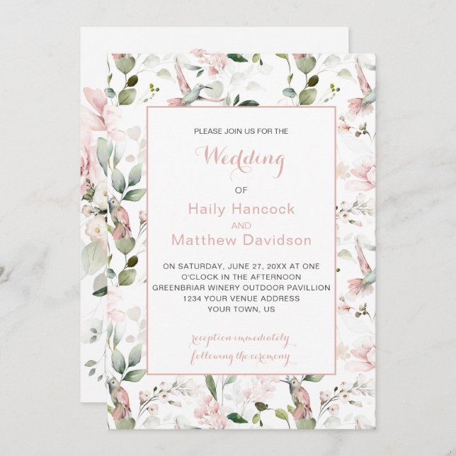 Blush Roses Hummingbirds Sage Greenery Wedding (Front/Back)