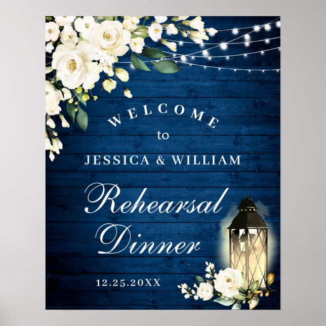 Blush Roses Lantern Blue Wood Rehearsal Dinner Poster (Front)