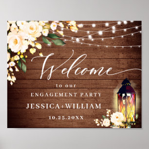 Blush Roses Lantern Rustic Wood ENGAGEMENT PARTY Poster