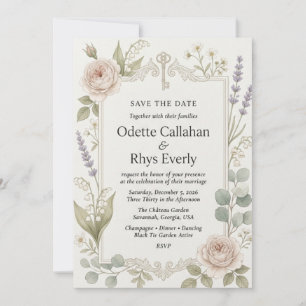 Blush Roses, Lily of the Valley, Lavender, Eucalyp Invitation