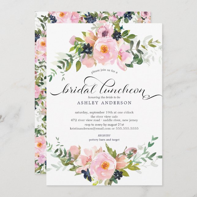 Blush Roses & Peonies Bridal Luncheon Invitation (Front/Back)