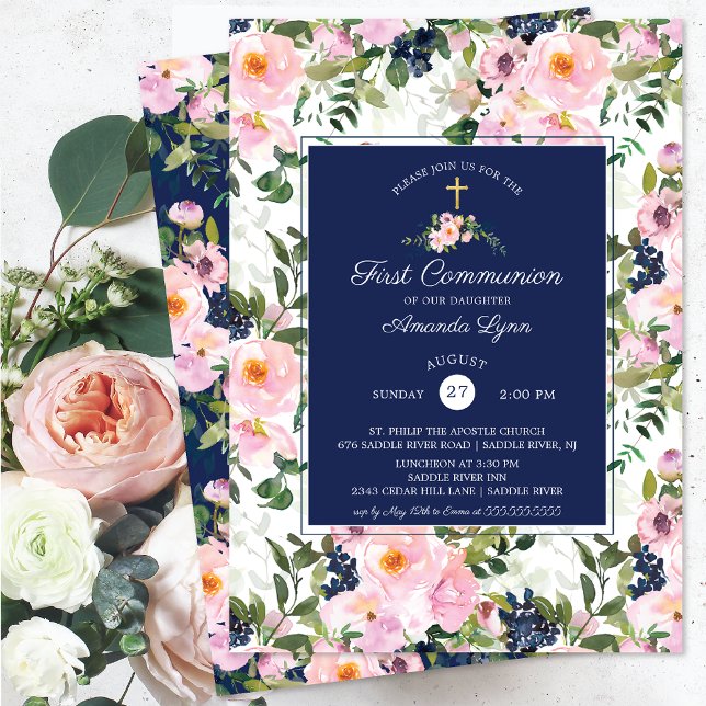 Blush Roses & Peonies First Communion Invitation (Creator Uploaded)
