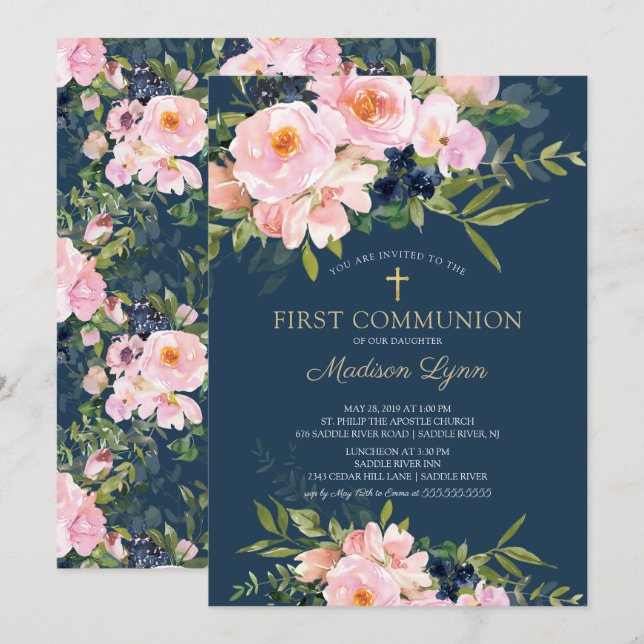 Blush Roses & Peonies First Communion Invitation (Front/Back)