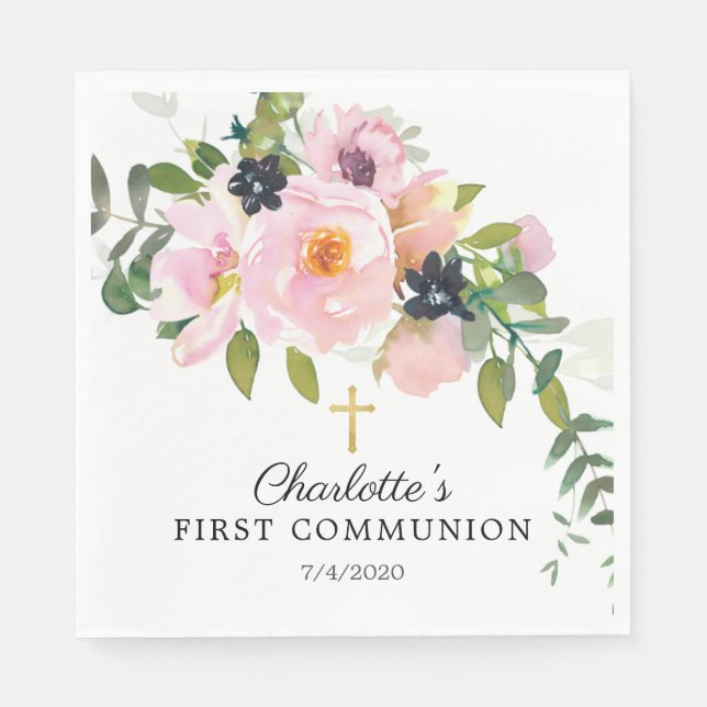 Blush Roses & Peonies First Communion Napkin (Front)