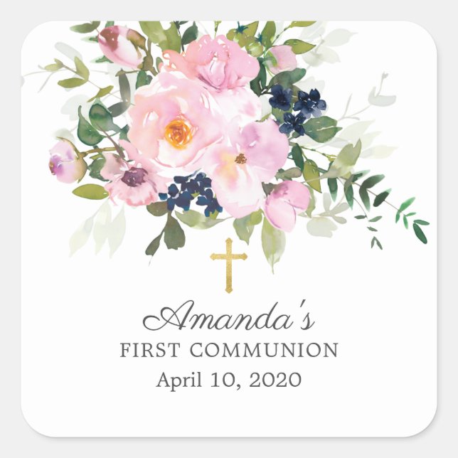 Blush Roses & Peonies First Communion Sticker (Front)