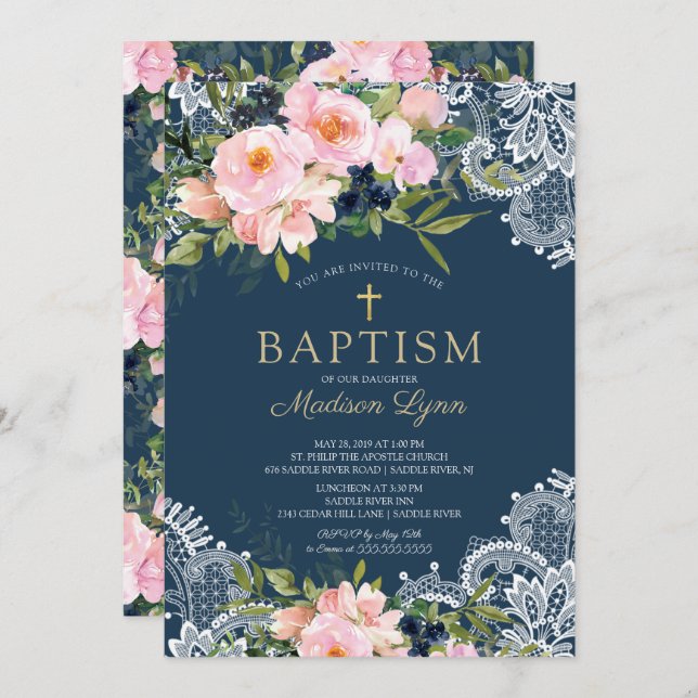 Blush Roses & Peonies Lace Baptism Invitation (Front/Back)