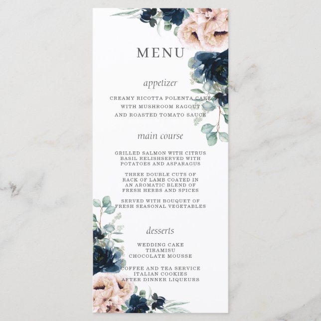 Blush Roses Poppies Navy Blue Floral Wedding Menu (Front)