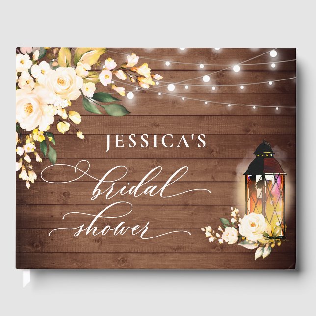 Blush Roses Rustic Wood Lantern Bridal Shower Guest Book (Front)
