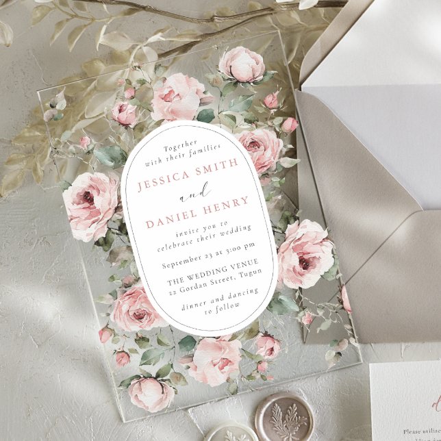 Blush Roses & Sage Floral Frame Wedding Acrylic Invitations (Creator Uploaded)
