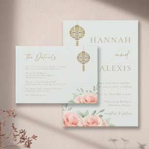 Blush Roses Sage Green Double Happiness Details Invitation