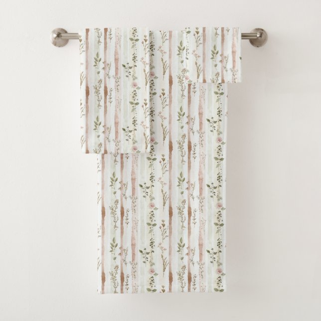 Blush Roses Stripes Floral Bath Towel Set (Insitu)