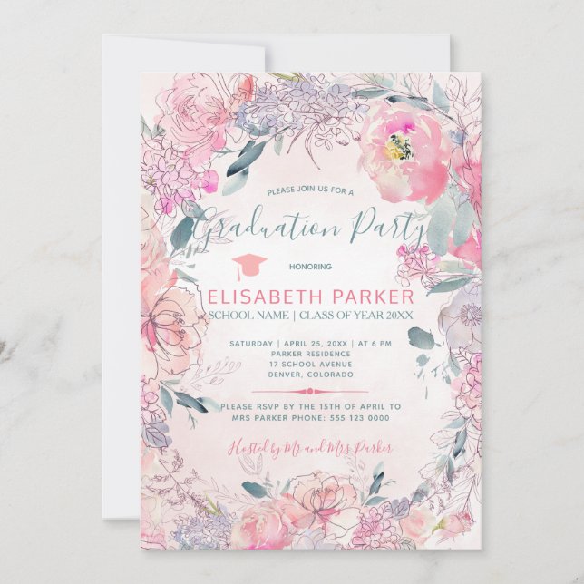 Blush roses watercolor PHOTO graduation party Invitation (Front)