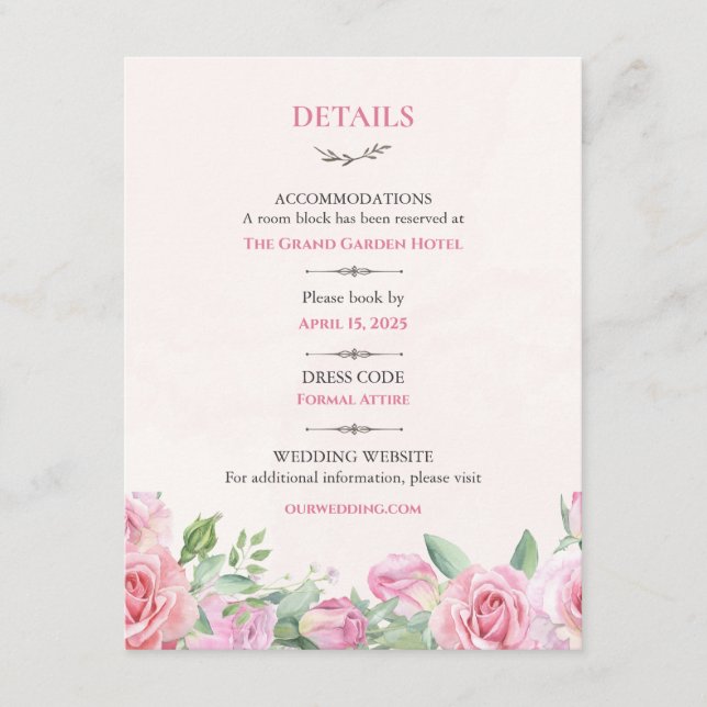 Blush Roses Wedding Details Card | Editable Floral (Front)