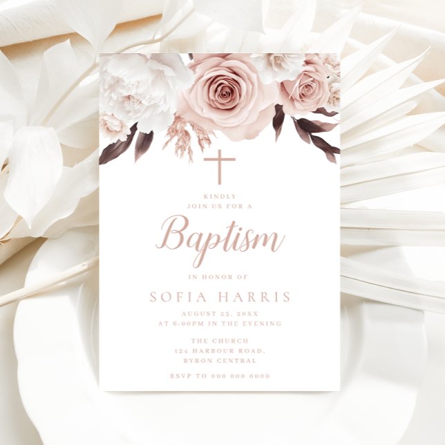 Blush Roses & White Flowers Baptism Invitation (Creator Uploaded)