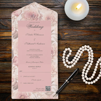 Blush Roses with QR Code  All In One Invitation