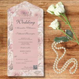 Blush Roses with QR Code All In One Invitation