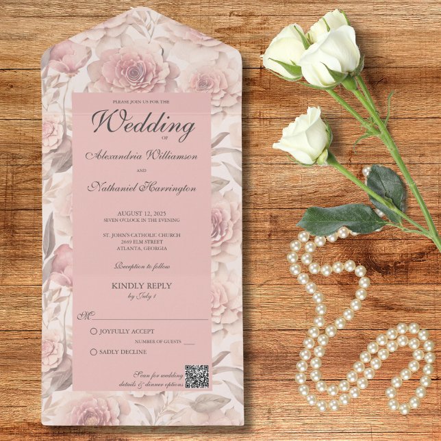 Blush Roses with QR Code  All In One Invitation (Creator Uploaded)