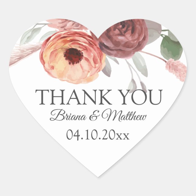 Blush Rust Floral Wedding Heart Sticker (Front)